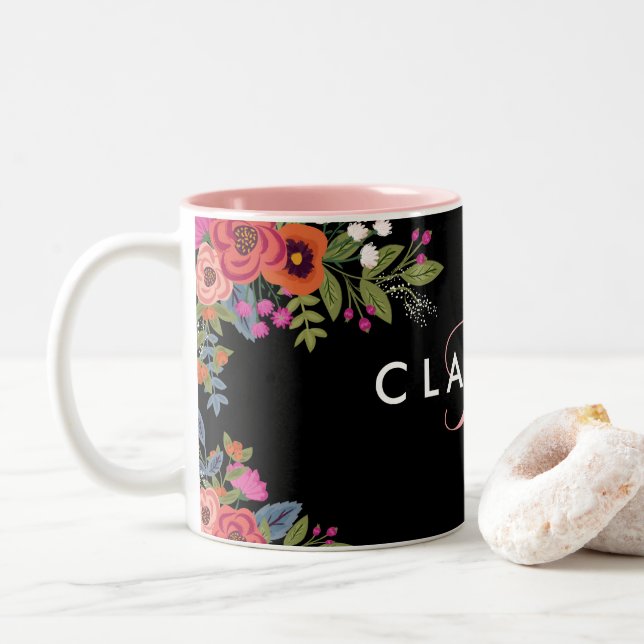 Boho Flowers - Black with Pink Monogram Two-Tone Coffee Mug (With Donut)