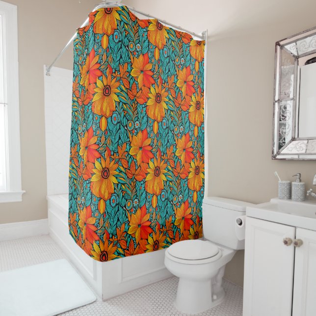 Boho Flowers Blue and Orange Shower Curtain (In Situ)