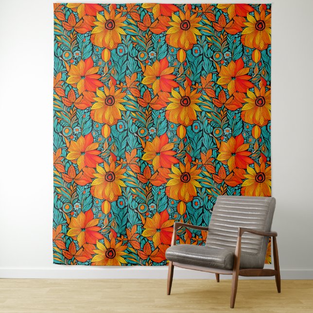 Boho Flowers Blue and Orange  Tapestry (In Situ)