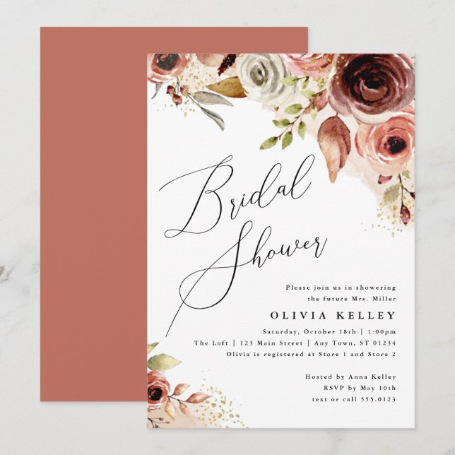 Boho Flowers Bridal Shower Earthy Watercolor Invitation (Front/Back)