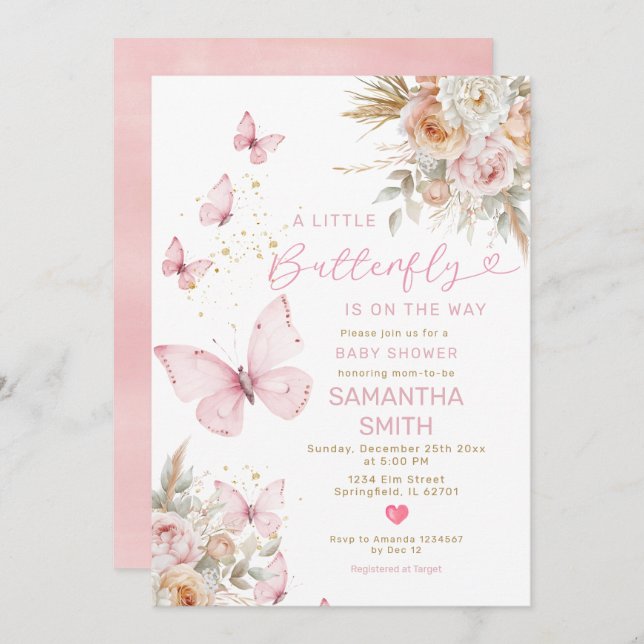 Boho Flowers Butterfly On The Way Baby Shower  Invitation (Front/Back)
