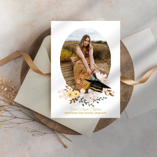 Boho Flowers & Cap Graduation Photo Invitation (Creator Uploaded)