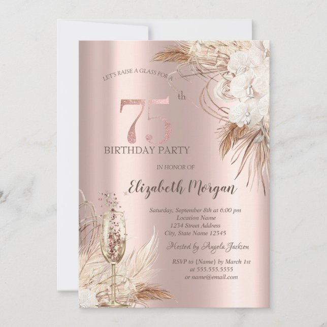Boho Flowers,Champagne Glass,Rose Gold 75th Invitation (Front)