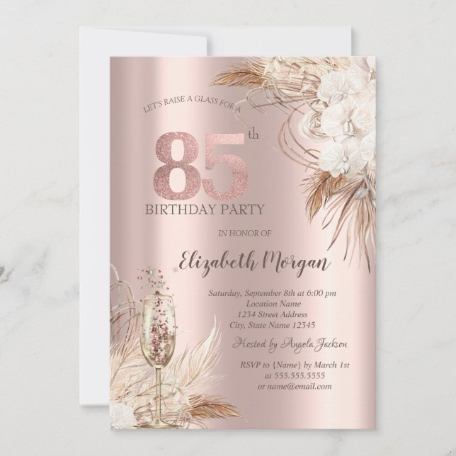 Boho Flowers,Champagne Glass,Rose Gold 85th Invitation (Front)