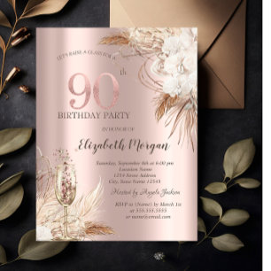 Boho Flowers,Champagne Glass,Rose Gold 90th Invitation
