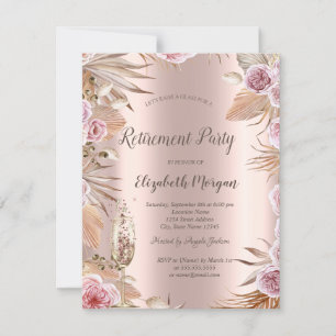 Boho Flowers,Champagne Glass,Rose Gold Retirement Invitation