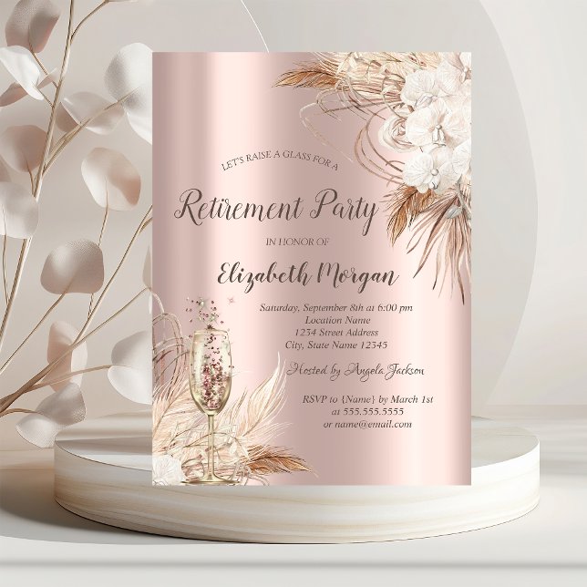 Boho Flowers,Champagne Glass,Rose Gold Retirement Invitation (Creator Uploaded)