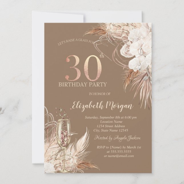 Boho Flowers,Champagne Glass,Terracotta 30th Invitation (Front)