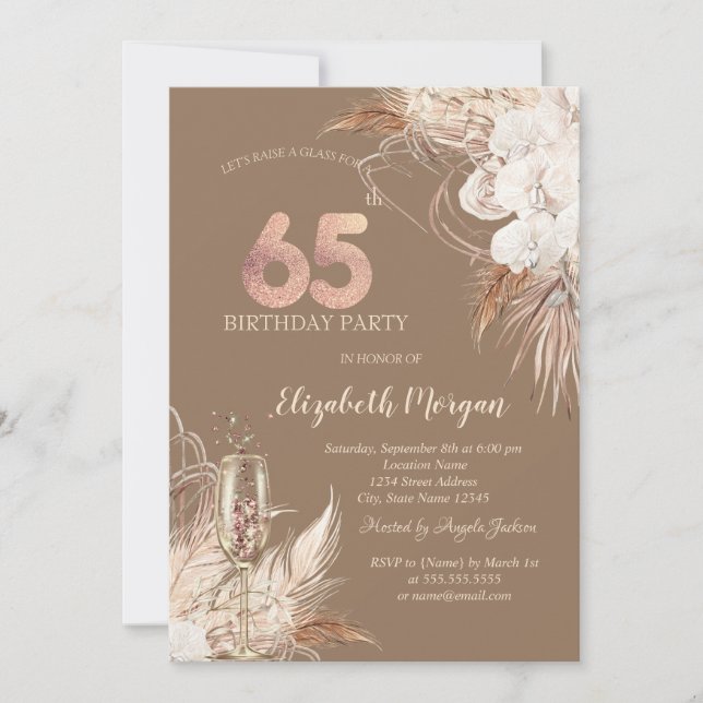 Boho Flowers,Champagne Glass,Terracotta 65th Invitation (Front)