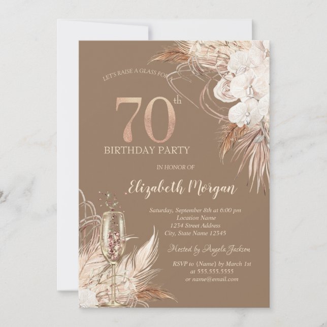 Boho Flowers,Champagne Glass,Terracotta 70th Invitation (Front)