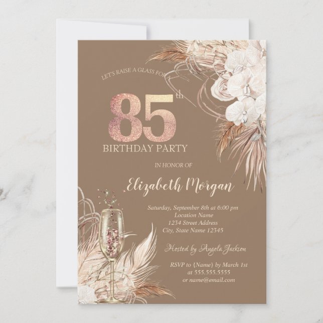 Boho Flowers,Champagne Glass,Terracotta 85th Invitation (Front)