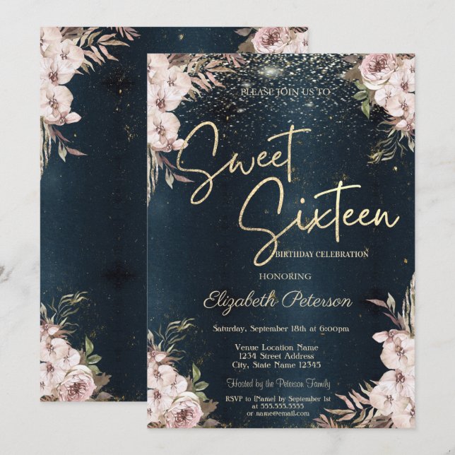 Boho Flowers Confetti Dark Blue Sweet 16 Invitation (Front/Back)