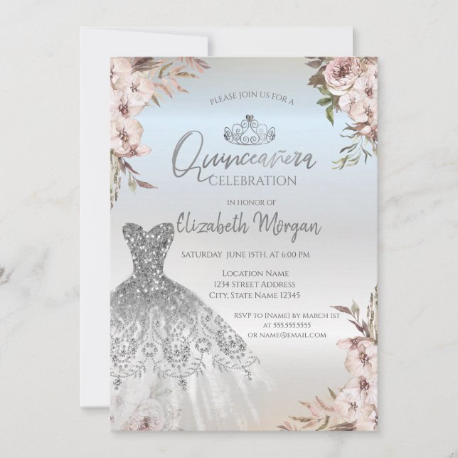 Boho Flowers Dress Silver Quinceanera Invitation (Front)