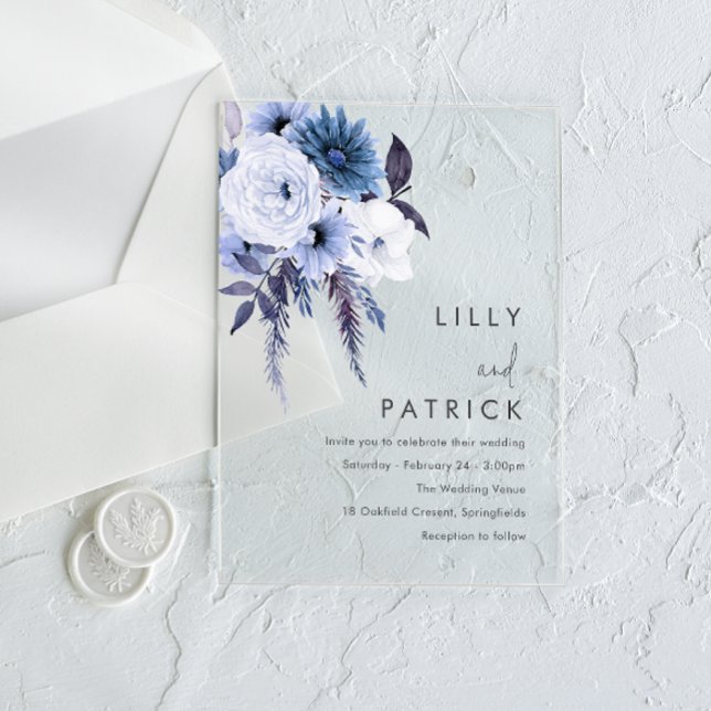 Boho Flowers Dusty Blue & White Wedding Acrylic Invitations (Creator Uploaded)