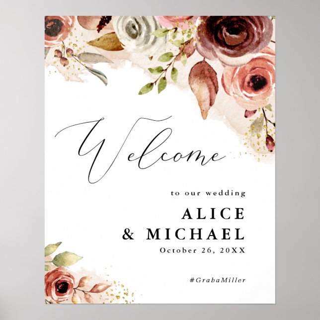 Boho Flowers, Earthy Floral Wedding Welcome Poster (Front)