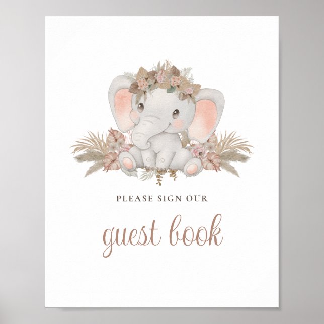 Boho Flowers Elephant Baby Shower Guest Book Sign (Front)