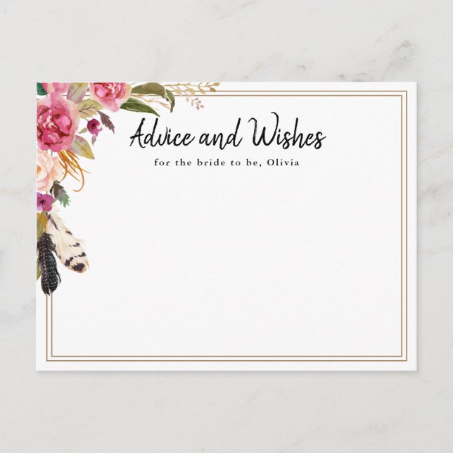 Boho  Flowers & Feathers Bridal Shower Advice Card (Front)