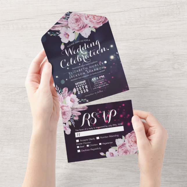Boho Flowers Feathers Purple Sparkle Wedding RSVP All In One Invitation (Tearaway)