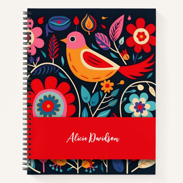 Boho Flowers Folk Bird | your name Notebook (Front)