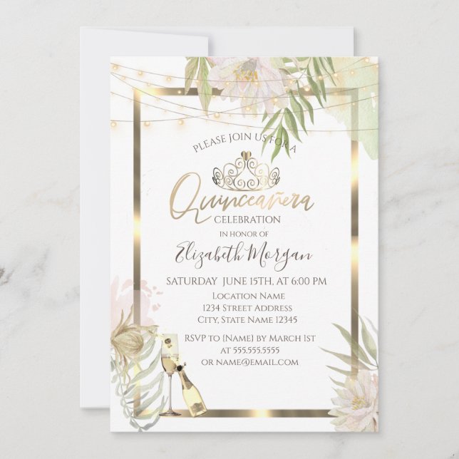 Boho Flowers Frame Wine Quinceanera Invitation (Front)