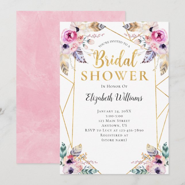 Boho Flowers Geometric Frame Bridal Shower Invitation (Front/Back)