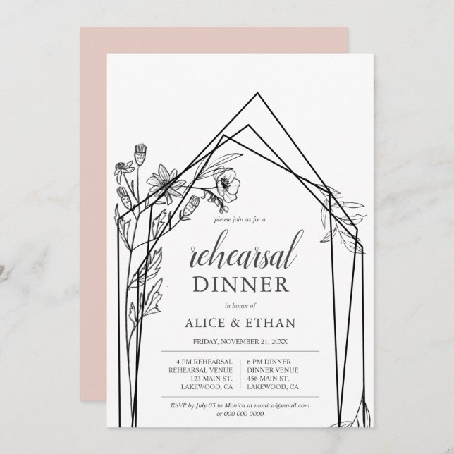 Boho Flowers Geometric Rehearsal Diner Invitation (Front/Back)