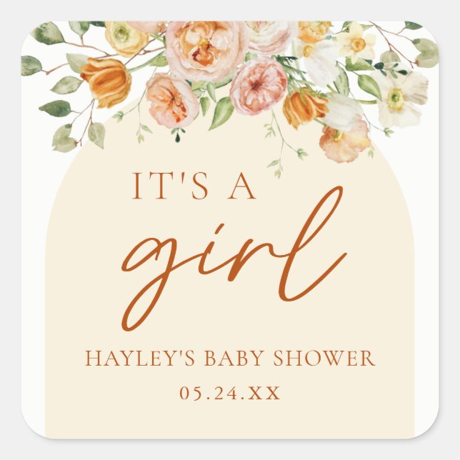 Boho Flowers Girl Baby Shower It's A Girl  Square Sticker (Front)