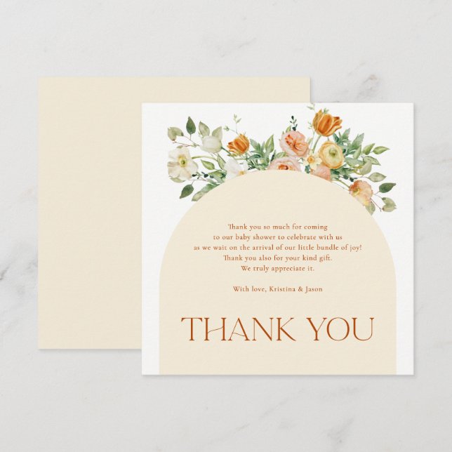 Boho Flowers Girl Baby Shower Thank You Card (Front/Back)