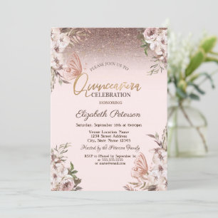 Boho Flowers Glitter Butterflies Quinceañera Invitation