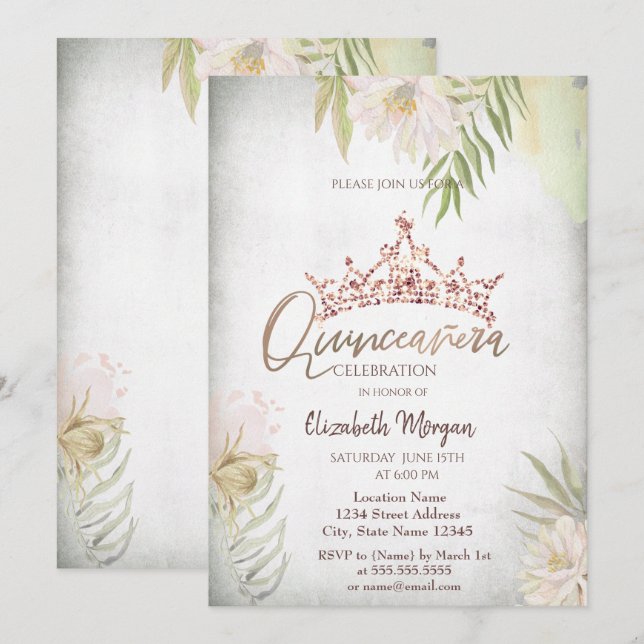 Boho Flowers Glitter Crown Quinceañera Invitation (Front/Back)
