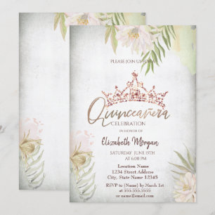 Boho Flowers Glitter Crown Quinceañera Invitation