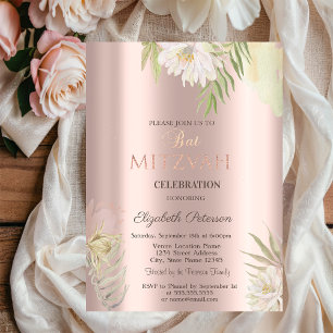 Boho Flowers Glitter Drips Rose Gold Bat Mitzvah Invitation