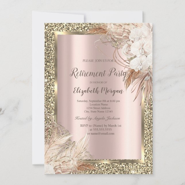 Boho Flowers,Glitter,Rose Gold Retirement Invitation (Front)