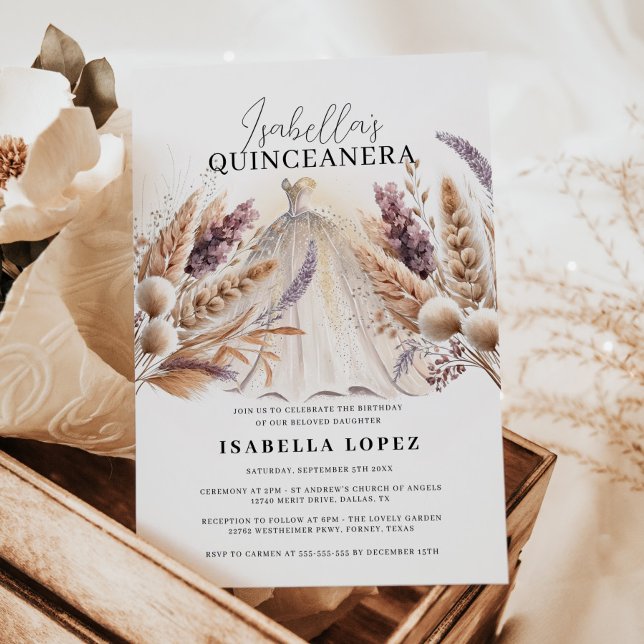 Boho Flowers & Glittery Princess Dress Quinceanera Invitation (Creator Uploaded)