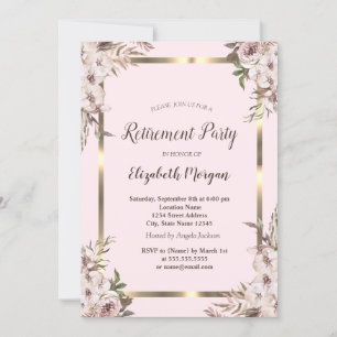 Boho Flowers Gold Frame Blush Pink Retirement  Invitation