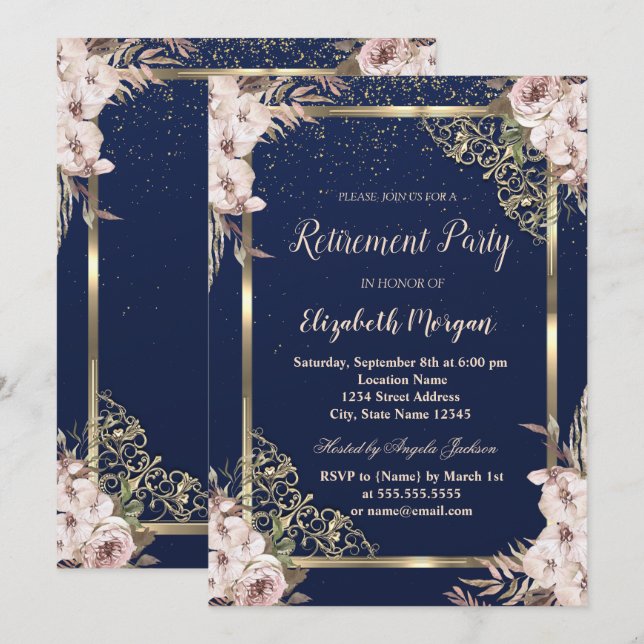 Boho Flowers Gold Frame Navy Blue Retirement  Invitation (Front/Back)
