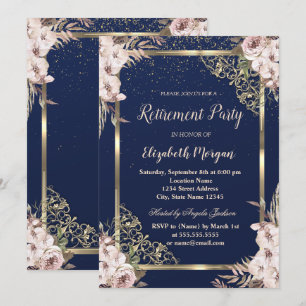 Boho Flowers Gold Frame Navy Blue Retirement  Invitation