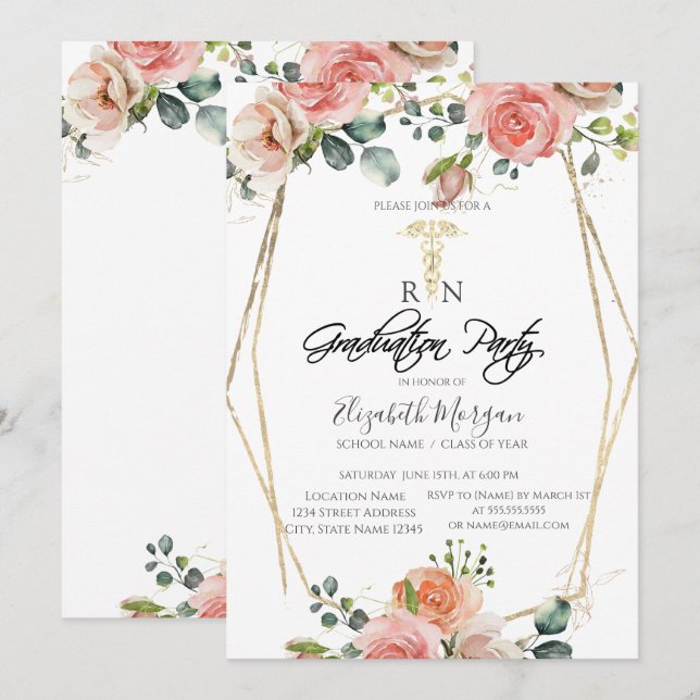 Boho Flowers Gold Frame RN Nurse Graduation Party  Invitation (Front/Back)