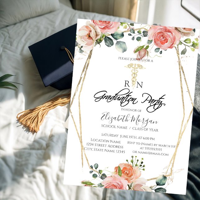 Boho Flowers Gold Frame RN Nurse Graduation Party  Invitation (Creator Uploaded)