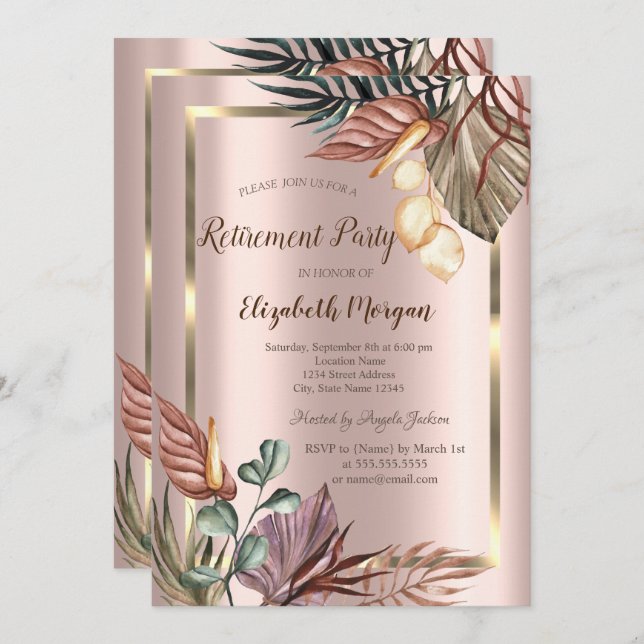 Boho Flowers Gold Frame,Rose Gold Retirement   Invitation (Front/Back)