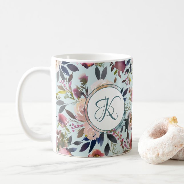 Boho Flowers Green Pink Monogramed Coffee Mug (With Donut)