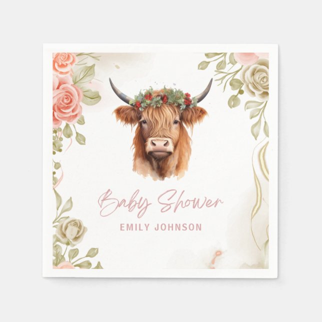 Boho Flowers Highland Cow Napkin (Front)