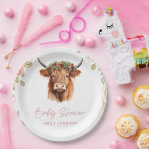 Boho Flowers Highland Cow Paper Plate