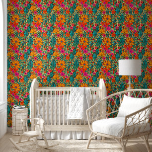 Boho Flowers in Orange, Pink, Blue Wallpaper