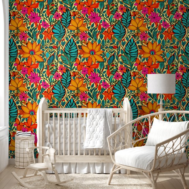 Boho Flowers in Orange, Pink, Blue Wallpaper (Kids)