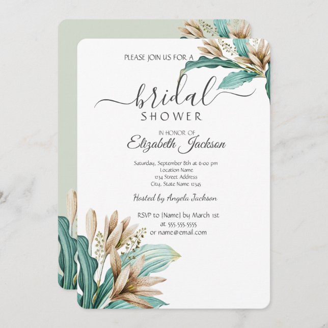Boho Flowers Leaves Bridal Shower Invitation (Front/Back)