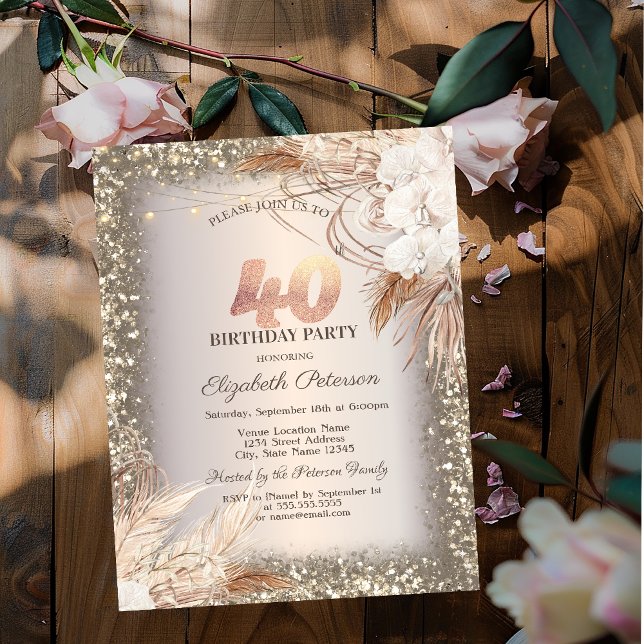 Boho Flowers,Lights Glitter Frame 40th Birthday Invitation (Creator Uploaded)