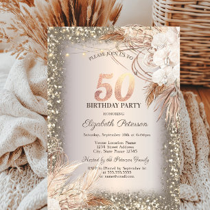 Boho Flowers,Lights Glitter Frame 50th Birthday Invitation