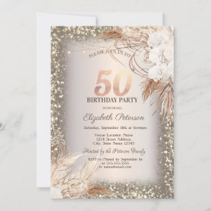 Boho Flowers,Lights Glitter Frame 50th Birthday Invitation