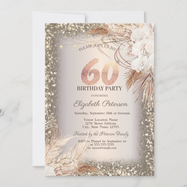Boho Flowers,Lights Glitter Frame 60th Birthday Invitation (Front)